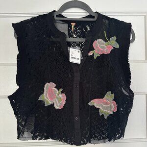 NWT Free People Black Rose Garden Lace Top – Size M